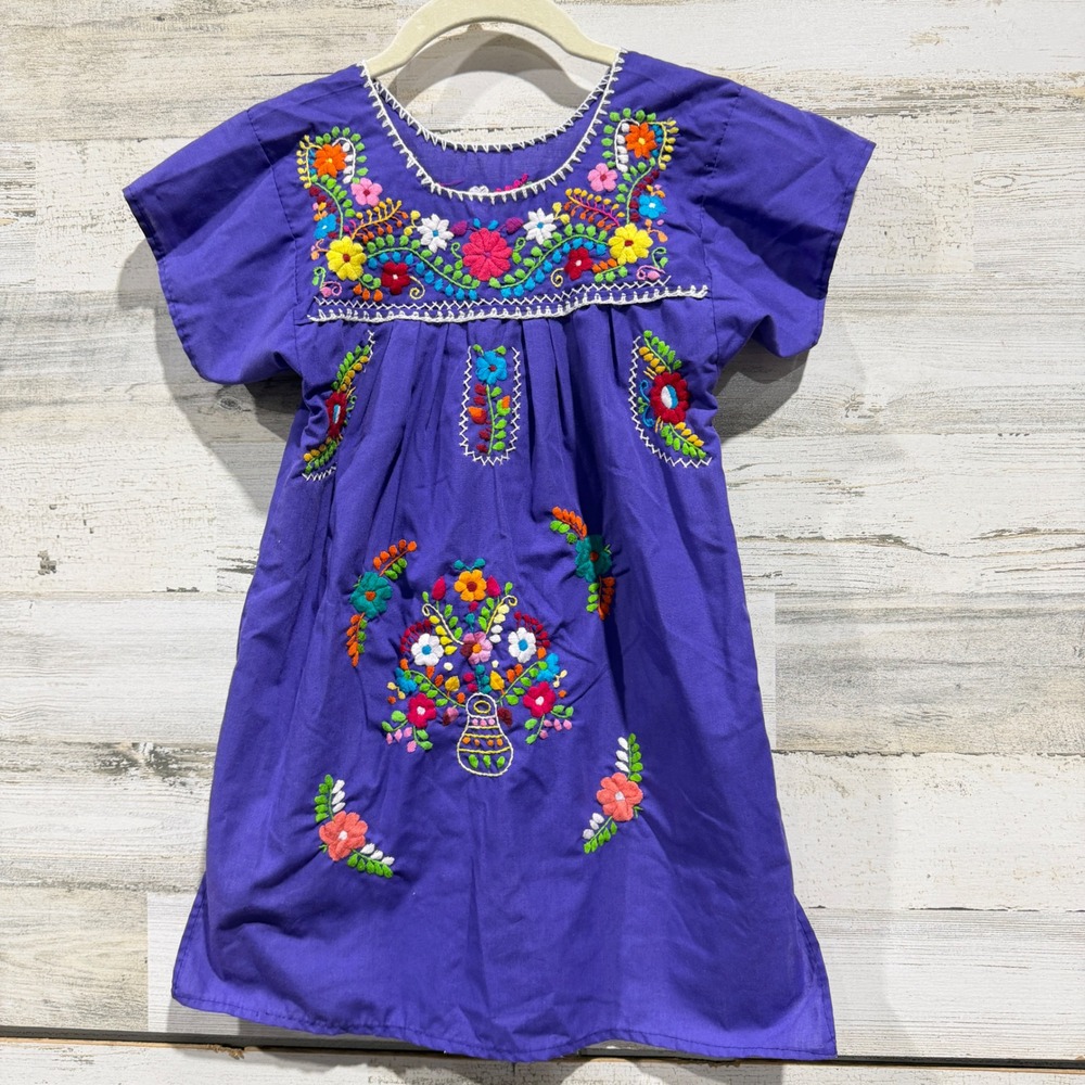 Mexican Folk Art Dress Girls 5-6 Purple Floral Embroidered Boho EUC